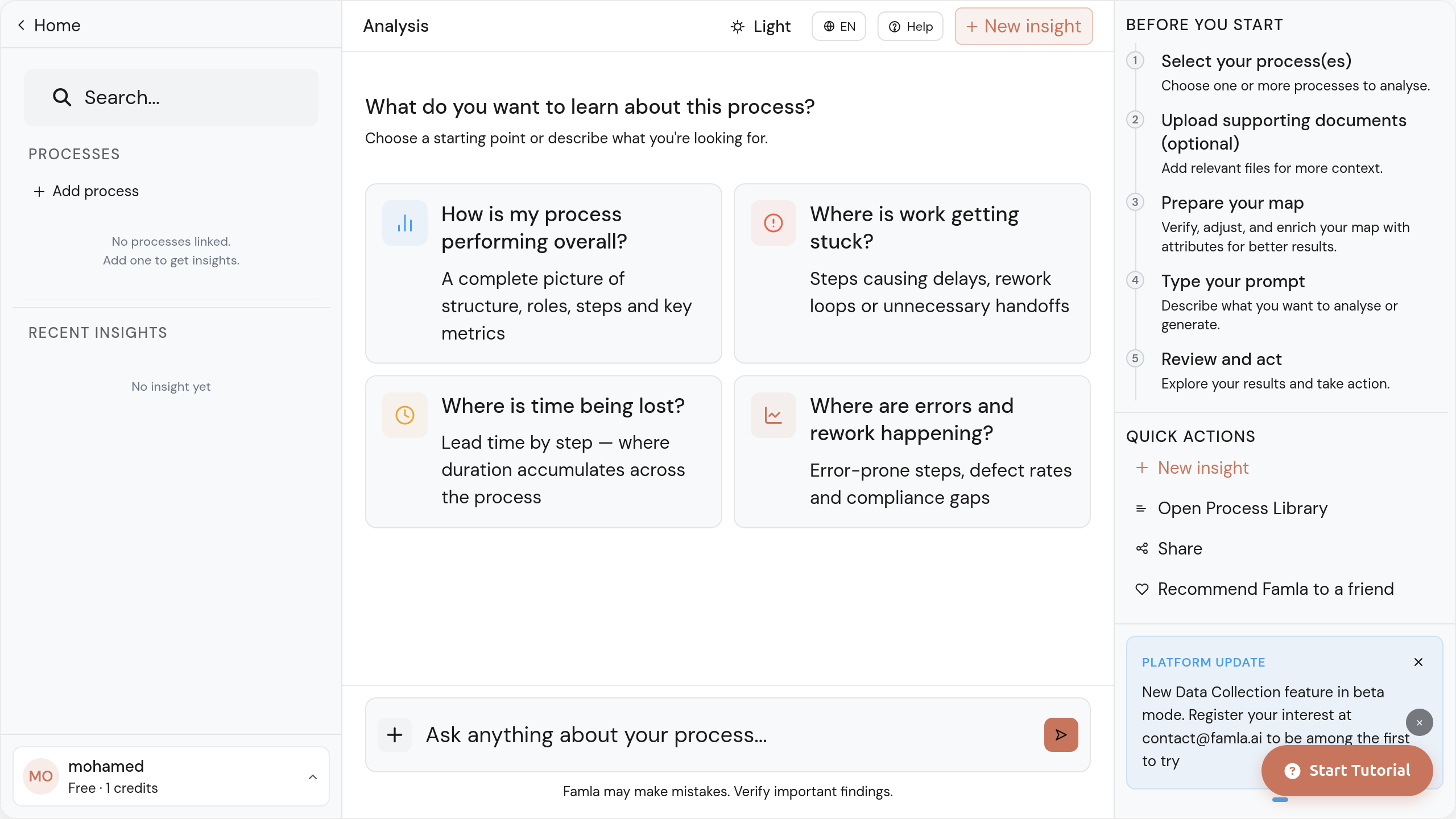 Famla AI Lean Six Sigma insights panel asking process performance questions on a swimlane map